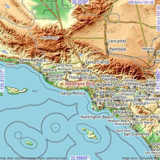 Topographic map of Woodland Hills