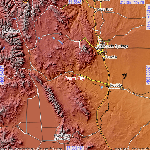 Topographic map of Cañon City