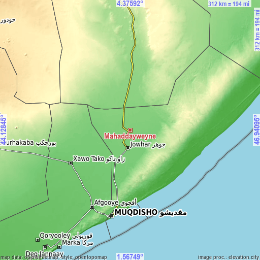 Topographic map of Mahaddayweyne