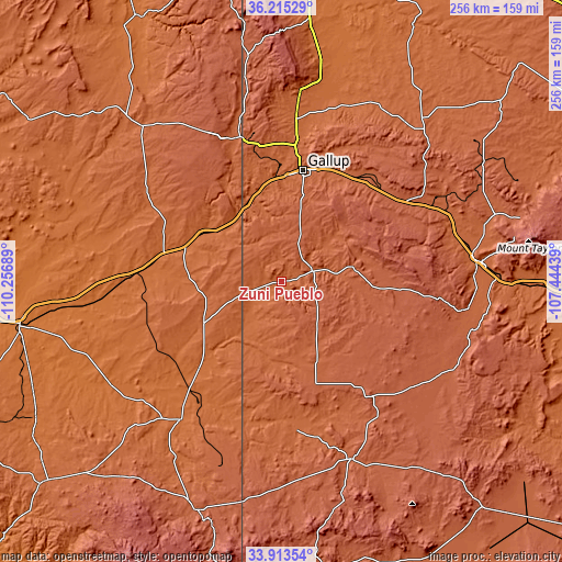 Topographic map of Zuni Pueblo