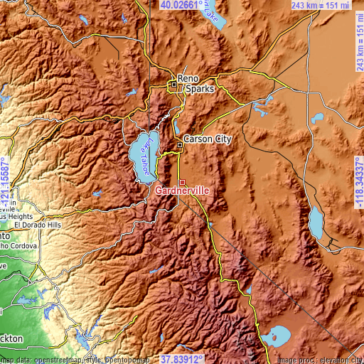 Topographic map of Gardnerville