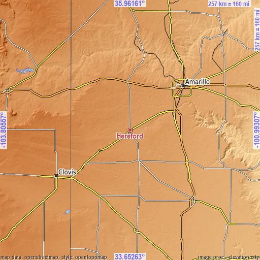 Topographic map of Hereford