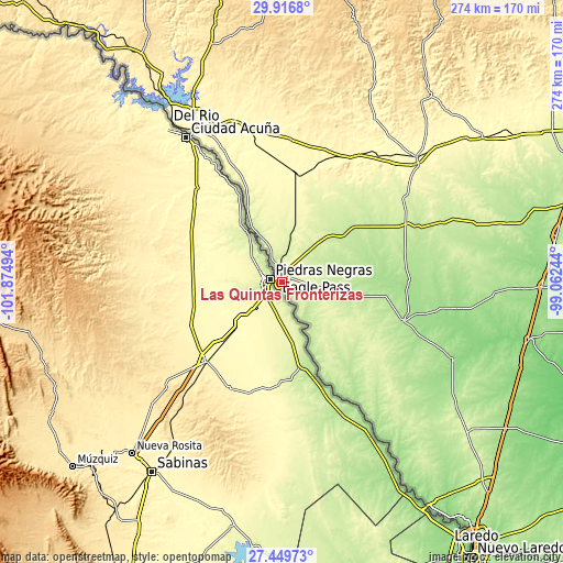 Topographic map of Las Quintas Fronterizas