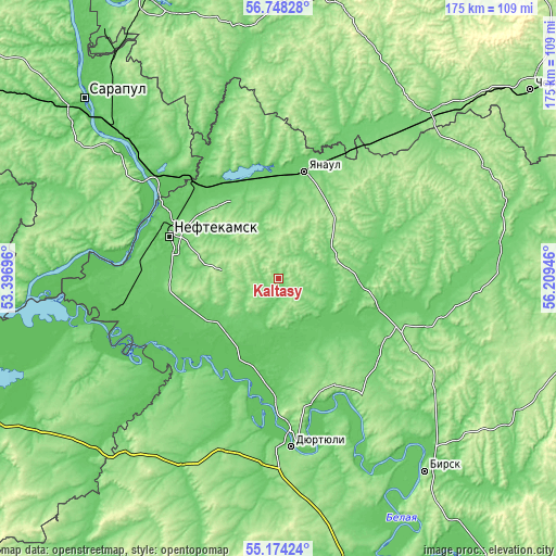 Topographic map of Kaltasy