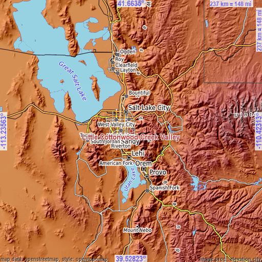 Topographic map of Little Cottonwood Creek Valley