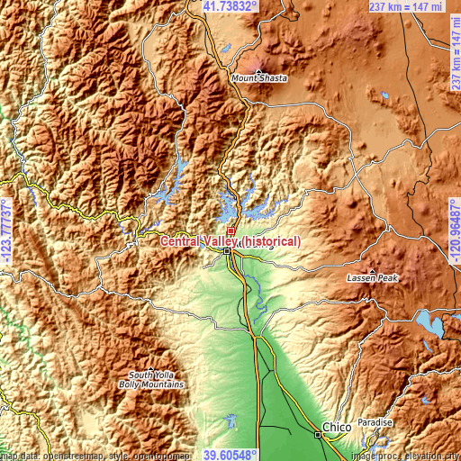 Topographic map of Central Valley (historical)