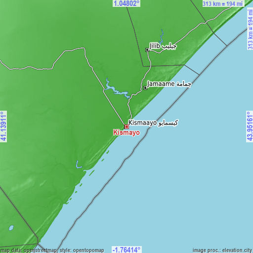 Topographic map of Kismayo