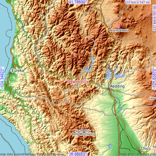 Topographic map of Weaverville