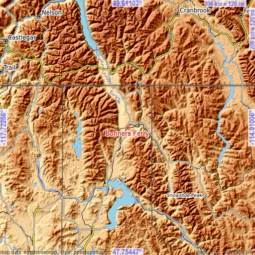 Topographic map of Bonners Ferry