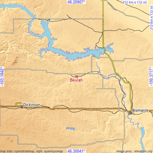 Topographic map of Beulah