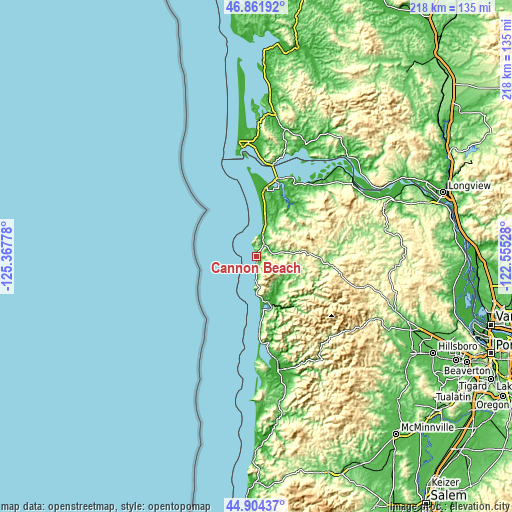 Topographic map of Cannon Beach