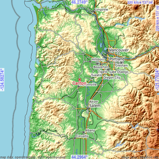 Topographic map of Carlton