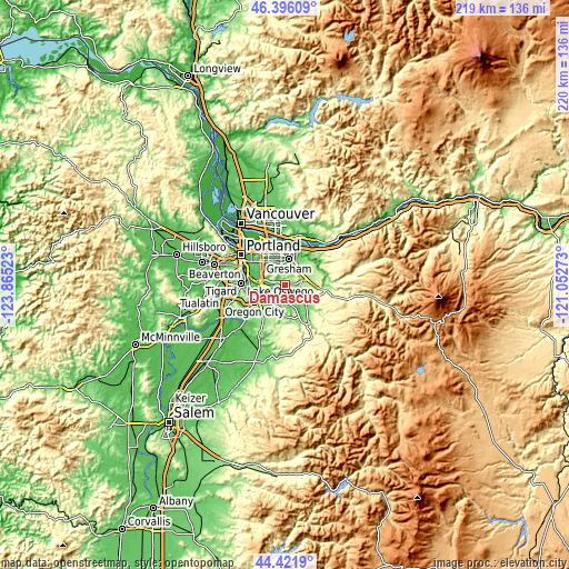 Topographic map of Damascus