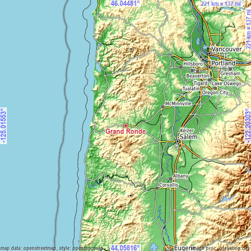 Topographic map of Grand Ronde