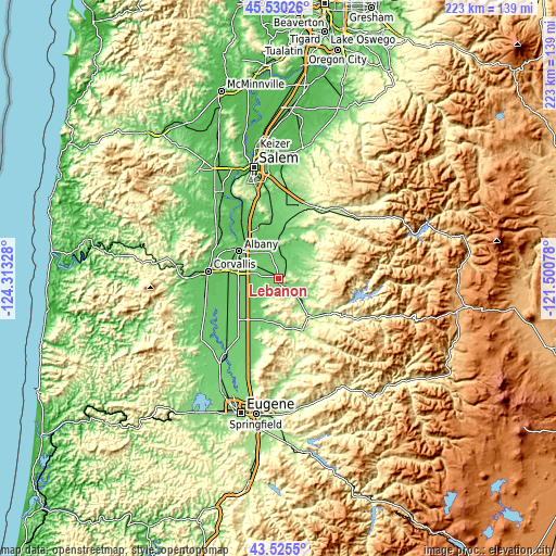 Topographic map of Lebanon