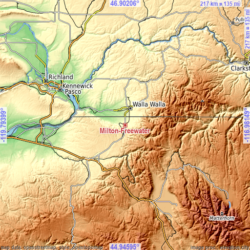 Topographic map of Milton-Freewater