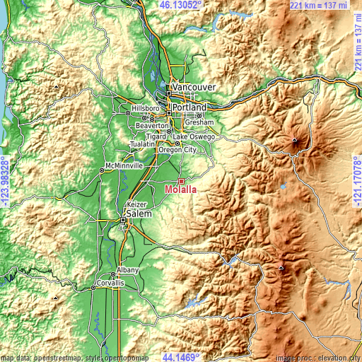 Topographic map of Molalla