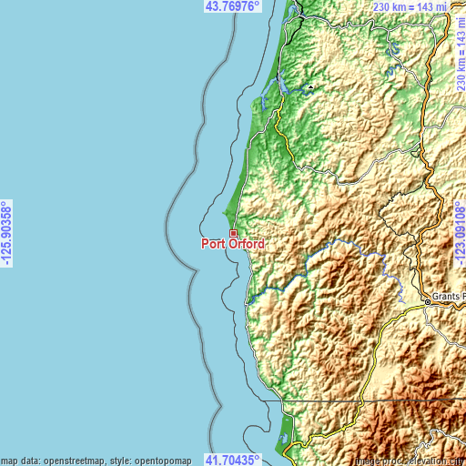 Topographic map of Port Orford