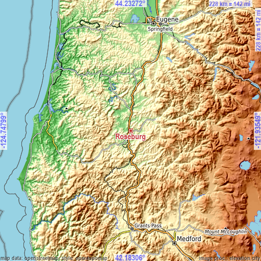 Topographic map of Roseburg