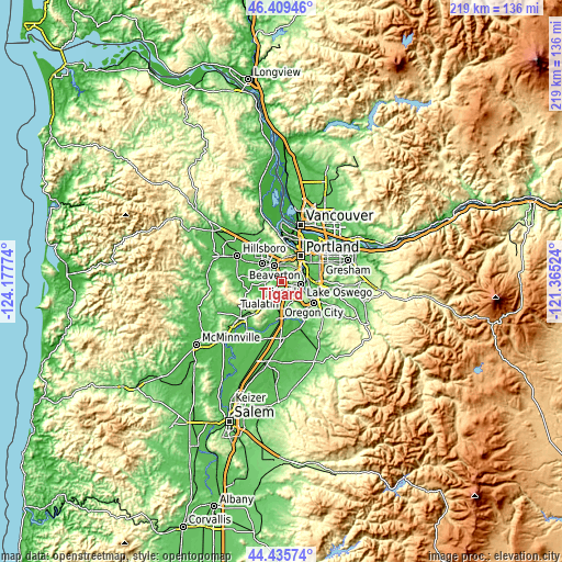 Topographic map of Tigard