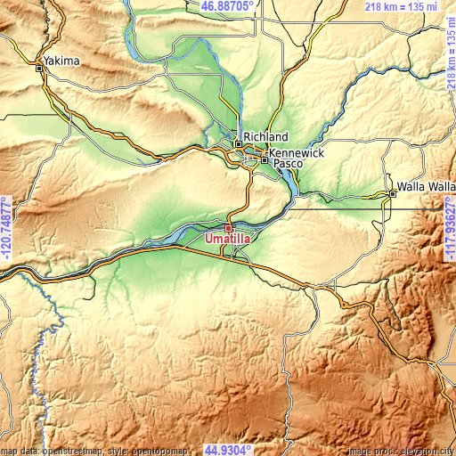 Topographic map of Umatilla