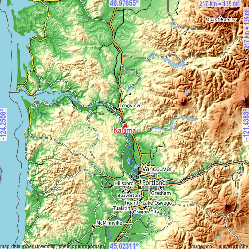 Topographic map of Kalama