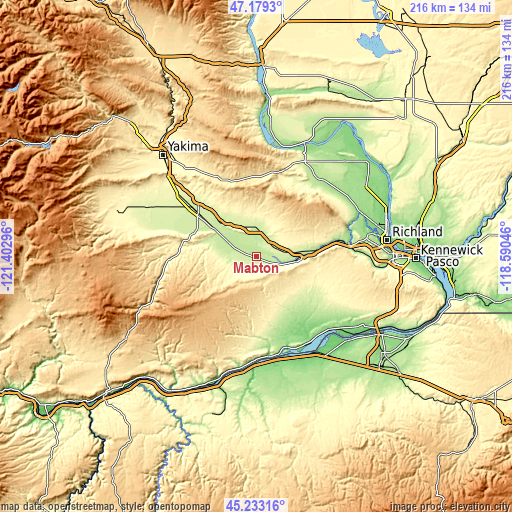 Topographic map of Mabton