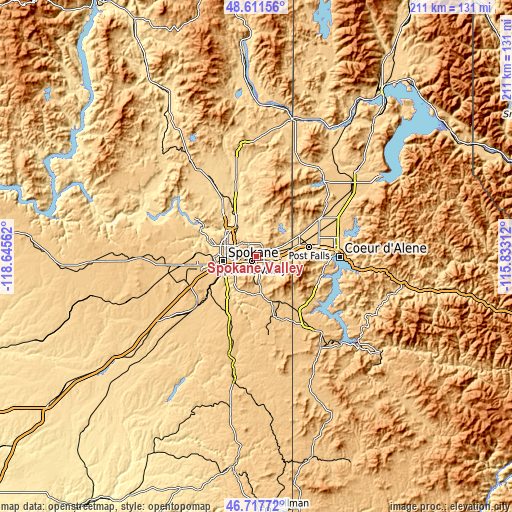 Topographic map of Spokane Valley