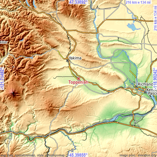 Topographic map of Toppenish