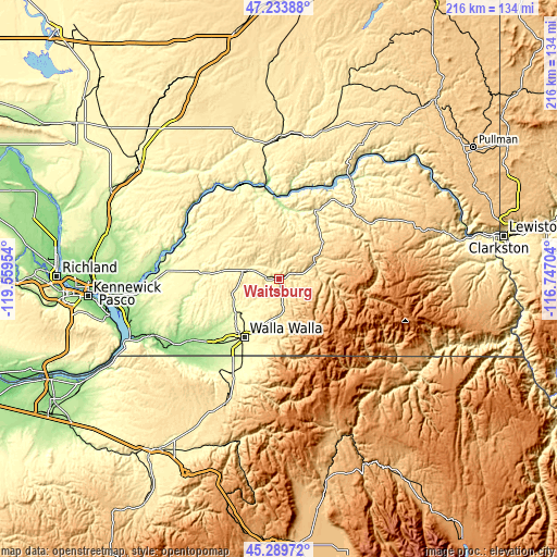 Topographic map of Waitsburg