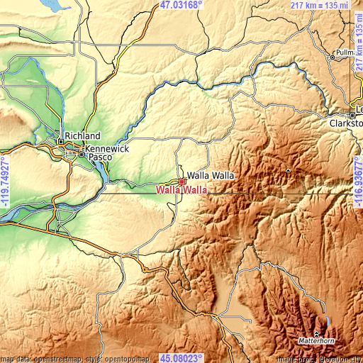 Topographic map of Walla Walla