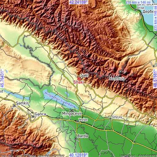 Topographic map of Sheki