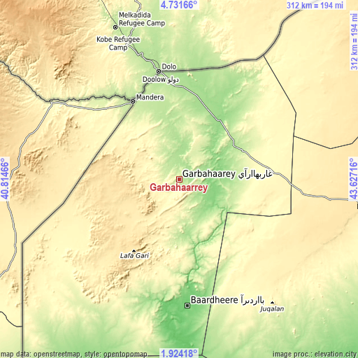 Topographic map of Garbahaarrey