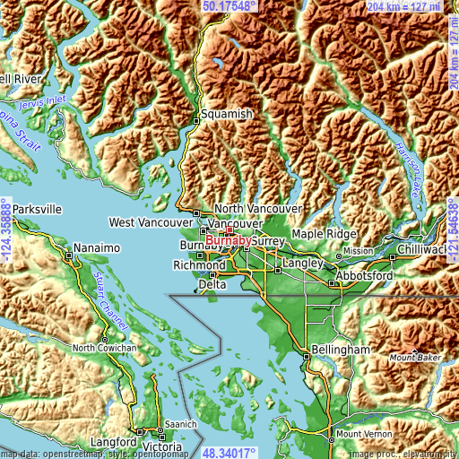 Topographic map of Burnaby