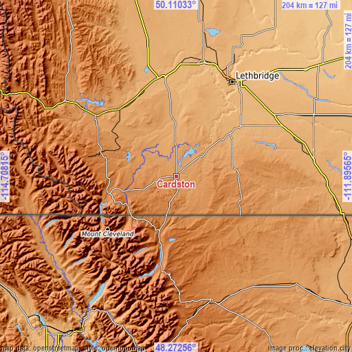 Topographic map of Cardston