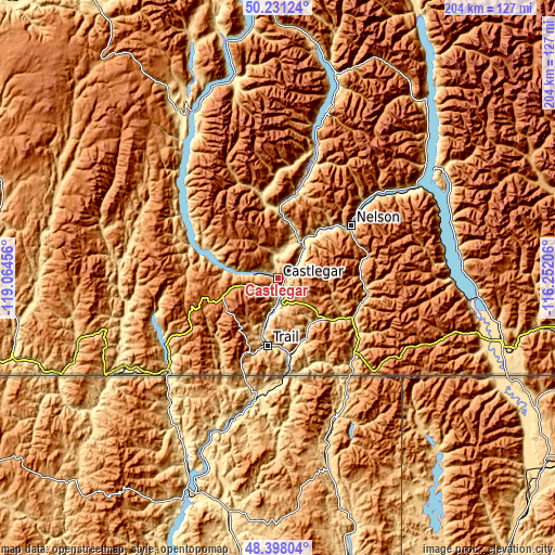 Topographic map of Castlegar