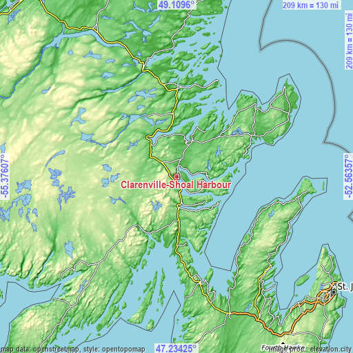 Topographic map of Clarenville-Shoal Harbour