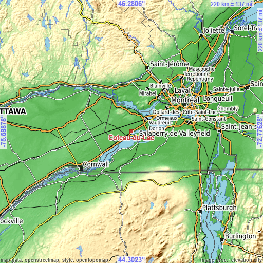 Topographic map of Coteau-du-Lac