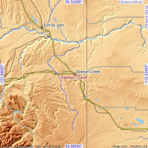 Topographic map of Dawson Creek