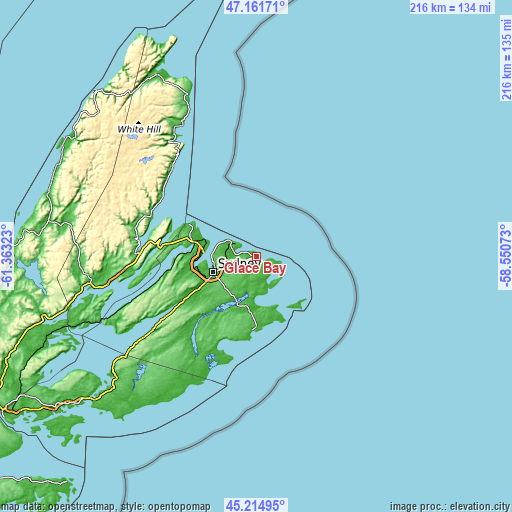 Topographic map of Glace Bay