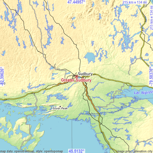 Topographic map of Greater Sudbury