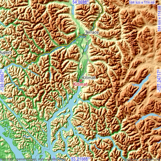 Topographic map of Kitimat