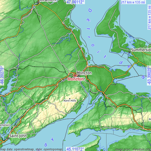 Topographic map of Moncton