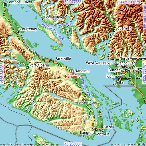 Topographic map of Nanaimo