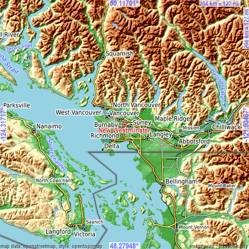 Topographic map of New Westminster