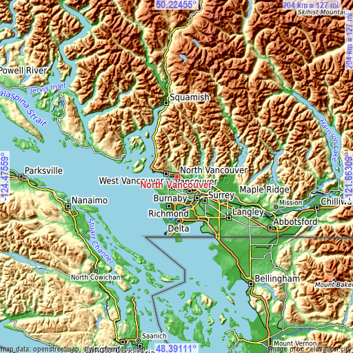 Topographic map of North Vancouver
