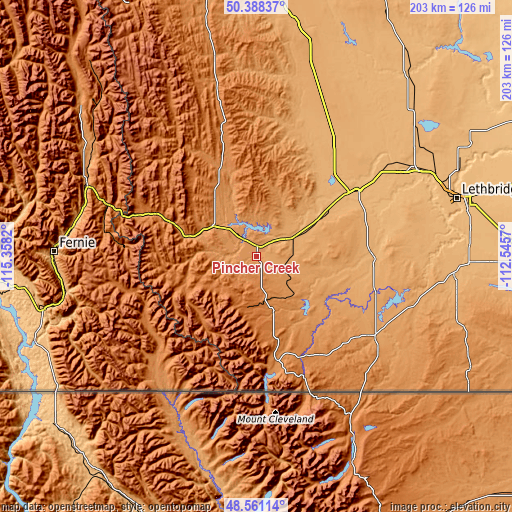 Topographic map of Pincher Creek