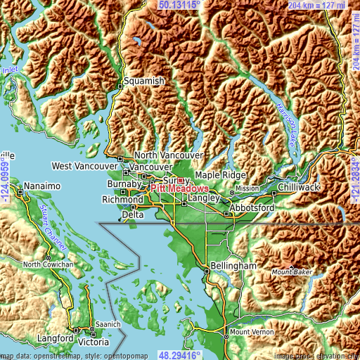 Topographic map of Pitt Meadows