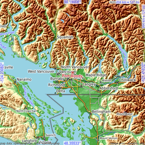 Topographic map of Port Moody