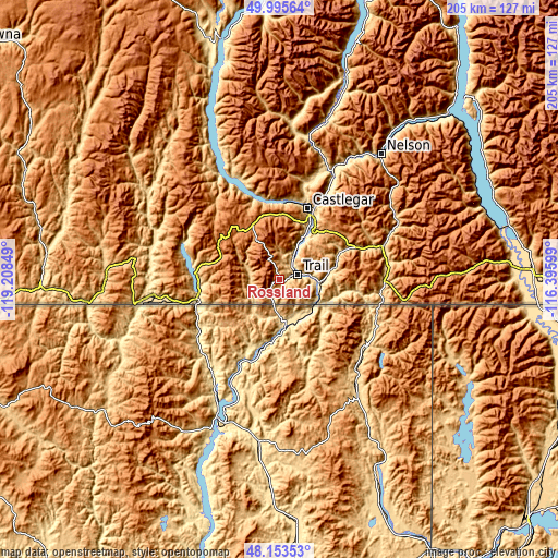 Topographic map of Rossland